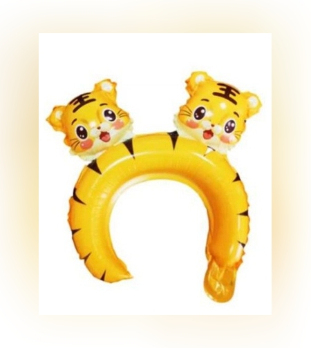 Balon din Folie Metalizata, Flippy, Tip Coronita cu Urechi, Model Tigru Uimit, Ambalaj Individual, Pai Inclus, Umflare cu Aer sau Heliu, 33 x 33 cm, Portocaliu