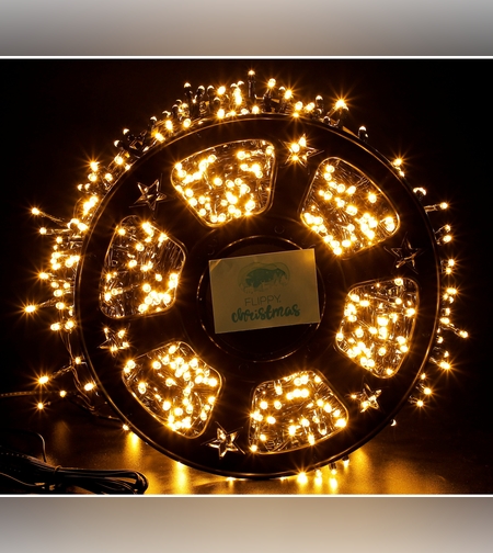 Instalatie Craciun liniara cu transformator, 50m, alb cald, 2000 LED-uri, fir negru, 8 jocuri de lumini, Flippy