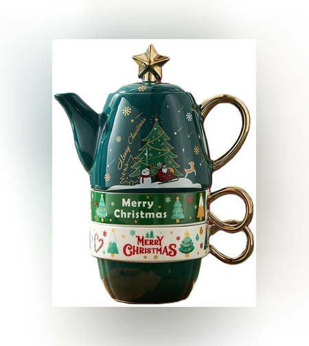 Set de Ceai, Flippy, Tema Craciun, Ceainic 450 ml, 2 x Cani 250 ml, din Ceramica, Model Brad, Verde/Turcoaz