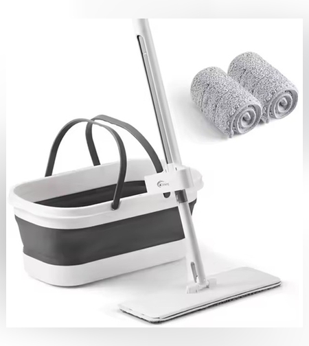 Mop Plat, Flippy, cu Galeata Pliabila, 2 Rezerve din Microfibra, 127 cm Tija Telescopica, Utilizare Umeda/Uscata, Recipient Lichid, Gri