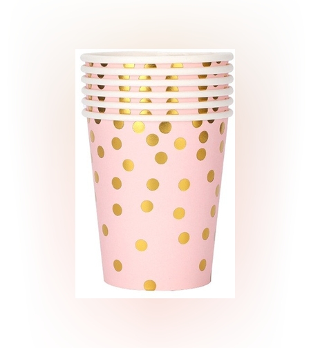 Set 10 Pahare, Flippy, Imprimeu cu Buline, din Carton, 250 ml, 7.5 x 8.5 x 5.2 cm, Roz/Auriu