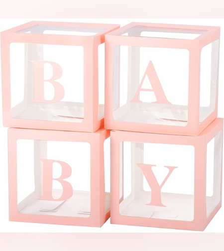 Set 4 Cutii pentru Baloane, Flippy, Model Scris Baby, Tematica Iubire, Cuburi Decorative din Plastic, Accesorii pentru Petrecere, 30 x30 cm, Transparente Contur Roz