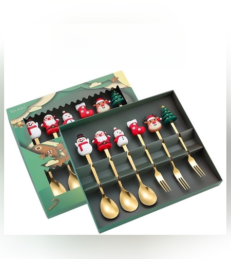 Set 6 Tacamuri, Flippy, Tema Craciun, 3 Linguri + 3 Furculite, cu Figurine, din Otel Inoxidabil, Cutie Cadou, 19 x 22 x 2.2 cm, Auriu