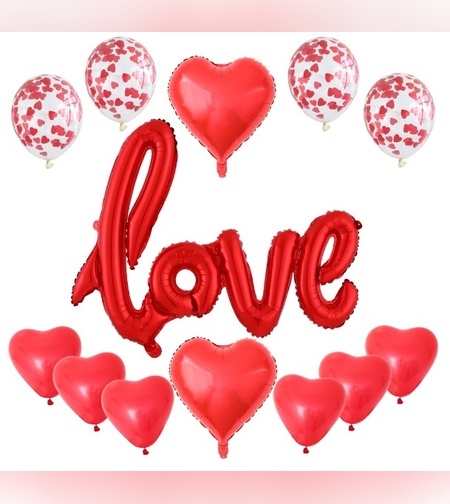 Set 13 Baloane din Folie Metalizata si din Latex, Flippy, Figurine Litere si Inima, Model Love, Tema Ziua Indragostitilor, Baloane Party cu Confetti, 102x65cm, 45 cm, 30 cm, Pai Inclus, Umflare cu Aer sau Heliu, Rosu