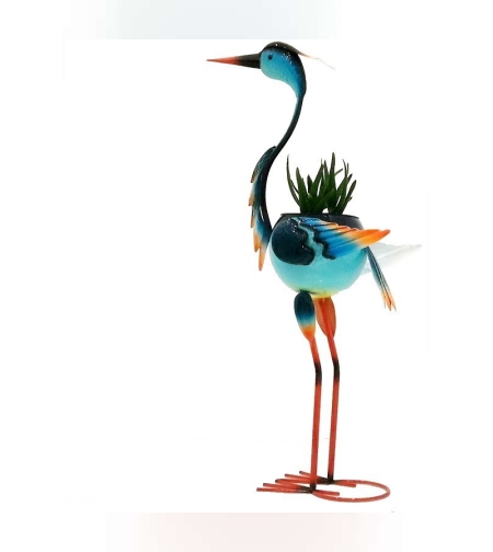 Decoratiune pentru Gradina, Flippy, Flamingo pentru Gradina cu Suport pentru Plante Flori, Ornament de Ghiveci de Flori, Model Flamingo, din Fier, 71 x 34 x 22 cm, Albastru