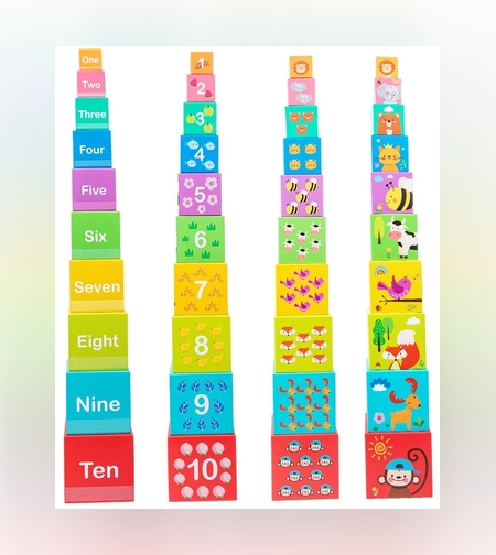 Jucarie de Construit, Flippy, Blocuri Stivuibile, +3 Ani, 10 Cutii, Invatare numere 1-10, 13.4 x 13.4 x 13.4 cm, Multicolor