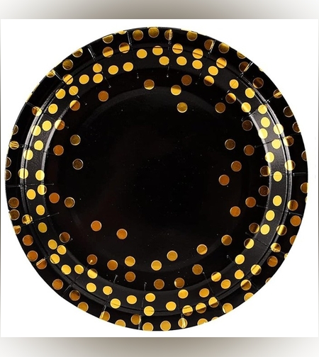 Set 10 Farfurii Unica Folosinta, Flippy, Imprimeu cu Buline, din Carton, Diametru 23 cm, Negru/Auriu