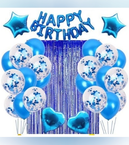 Set 24 de baloane folie si latex, 10 baloane latex simple, 10 bloane latex cu paiete, 4 baloane folie, ribon, 1x2 m perdea, Albastru