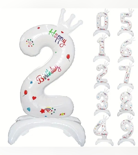 Balon din Folie Metalizata, Flippy, Figurina Cifra, Model 2 cu Happy Birthday Scris, Tema Aniversare 81 cm, Ambalaj Individual, Pai Inclus, Umflare cu Aer sau Heliu, Alb