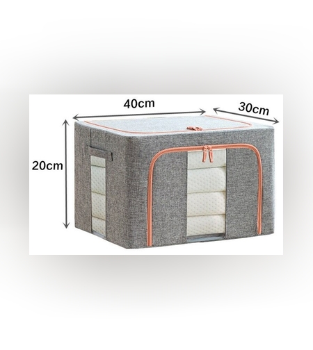 Cutie de Depozitare Pliabila, Flippy, 24 L, din Bumbac si In, 40x30x20 cm, 2 Ferestre, Frontala si Laterala, 2 Usi de Acces cu Fermoar Bidirectional, Cadru Metalic, Suport Baza Stabil din Plastic, Gri