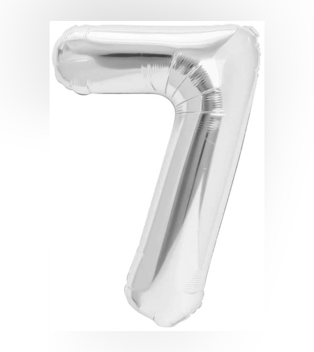 Balon din Folie Metalizata Flippy, Figurina Cifra, Tema Aniversare 40 cm, Ambalaj Individual, Pai inclus, Umflare cu Aer sau Heliu, Argintiu, Cifra 7