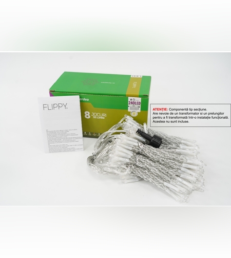 Sectiune Instalatie de Craciun Flippy Tip Perdea, 8 jocuri de lumini, 2m x2 m, 240 LED-uri, Interconectabila, Fir Transparent, Alb-cald