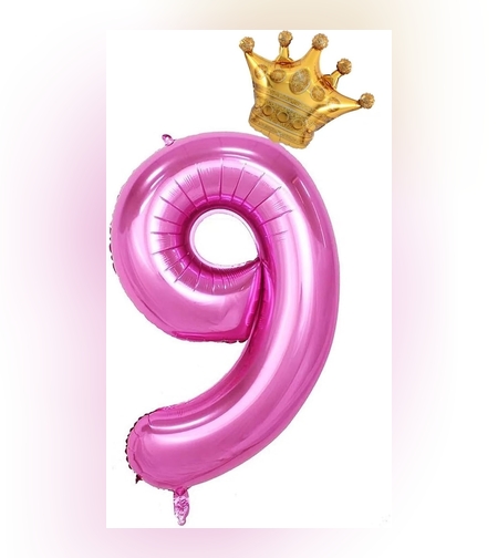 Balon din Folie Metalizata Flippy, Figurina Cifra si Coroana, Tema Aniversare 100 cm, Ambalaj Individual, Pai inclus, Umflare cu Aer sau Heliu, Roz, Cifra 9