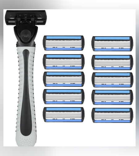 Aparat de Ras Manual, Flippy, din Otel Inoxidabil, Suport Lama + 10 Capete de Schimb Incluse, Cutie pentru Lame, Negru