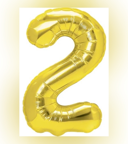 Balon din Folie Metalizata Flippy, Figurina Cifra, Tema Aniversare 100 cm, Ambalaj Individual, Pai inclus, Umflare cu Aer sau Heliu, Auriu, Cifra 2