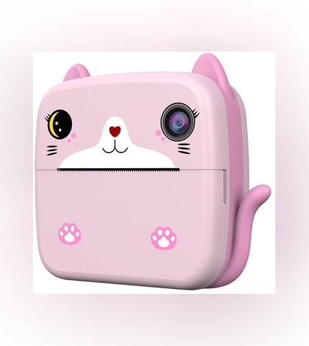 Camera Instantanee pentru Copii, Flippy, cu Functie de Printare, Camera Frontala + Selfie, Cablu USB-C, Bluetooth, Compatibil iOS/Android, Imprimare APP, Model Pisica, Roz