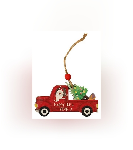 Decoratiune de Craciun din Lemn, Flippy, cu Snur pentru Agatare in Brad, Model Masina lui Mos Craciun, Scris Happy New Year, 8x8x0.4 cm, Multicolor