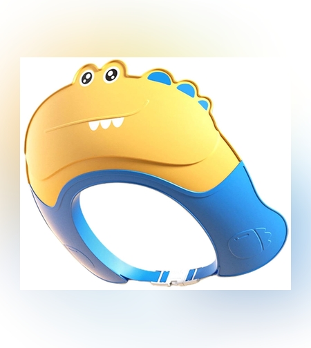 Casca de Dus, Flippy, Previne Scurgerea Apei si Samponului pe Fata, 0-12 Ani, Ajustabila, din TPE+PP, 20 x 23 cm, Model Crocodil, Galben/Albastru