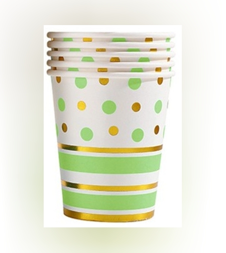 Set 10 Pahare, Flippy, Imprimeu cu Buline si Dungi, din Carton, 250 ml, 7.5 x 8.5 x 5.2 cm, Verde/Auriu