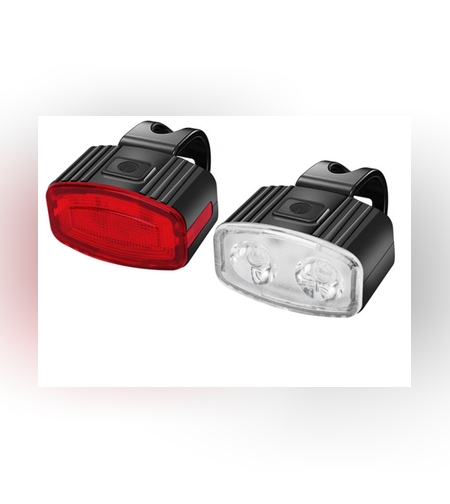 Set far si stop spate LED bicicleta, Flippy, incarcare USB, rezistent la apa, 4 moduri de luminare, Plastic, Alb/Rosu, 10x6x4 cm