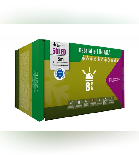 Instalatie Craciun, 5 m, 50 Led-uri ,Liniara, Albastru, 8 jocuri de lumini, Transformator, Interconectabila, Prelungitor 5 m inclus, Fir Transparent, Flippy