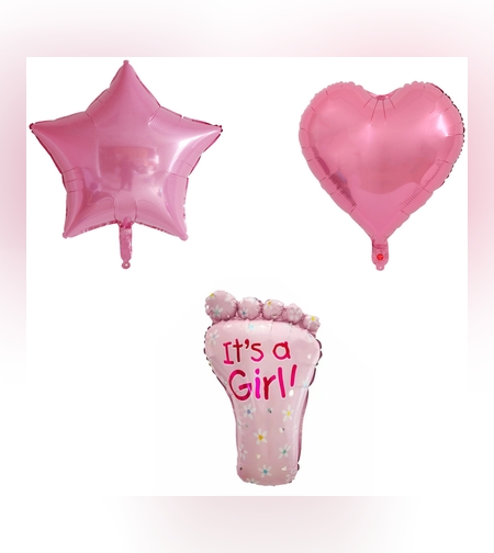 Set 3 Baloane din Folie Metalizata, Flippy, Figurine Picior 46x79 cm, Inima 45 cm, Stea 45cm, Model It's a Girl, Tema Gender Reveal, Ambalaj Individual, Pai Inclus, Umflare cu Aer sau Heliu, Roz