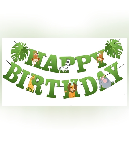 Banner Happy Birthday 100x200 cm, Flippy, Rola de Ata Inclusa, Tematica Jungle, Verde