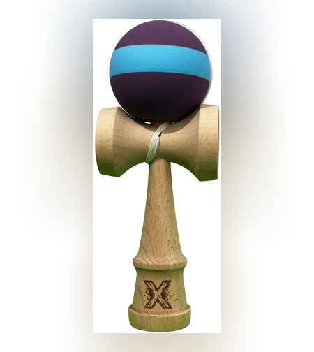 Kendama X Originala, Flippy, 18 cm, Profesionala, +9 Ani, din Lemn, Model cu Dunga, Mov/Albastru
