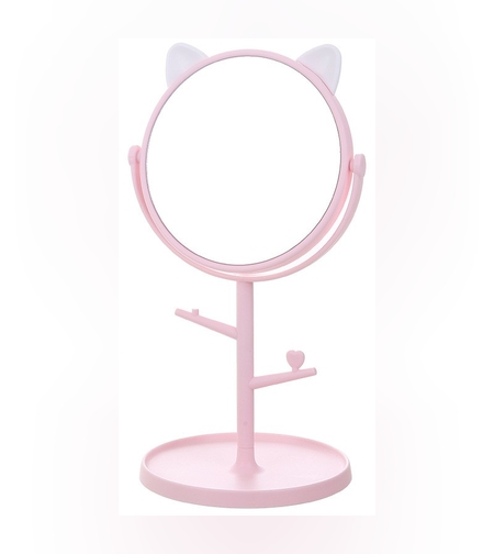 Oglina Cosmetica cu Picior, Flippy, HD, Rotire 360 Grade, 15 cm Diametru, Suport Bijuterii Baza Rotunda + 2 Brate, Model cu Urechi, 31 x 14.5 x 15 cm, din Plastic, Roz/Alb