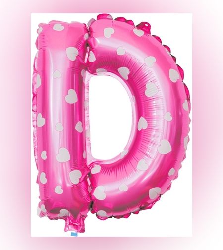 Balon Folie Metalizata Litera D, Flippy, 40 cm, Cu Imprimeu Inimioare, Umflati cu Heliu sau Aer, Ambalaj Individual, Pai inclus, Roz