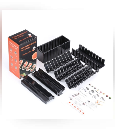 Aparat pentru Sushi, Flippy, Set 7 Accesorii pentru Sushi, Ofera 3 Forme de Design, Rotund, Triunghi, Inimioare, Negru