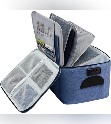 Geanta Flippy pentru Depozitare Acte si Documente, Facturi, Carduri, cu Cod de Securitate, 5 Compartimente, Impermeabila, 37 x 20 x 27 cm, Albastru