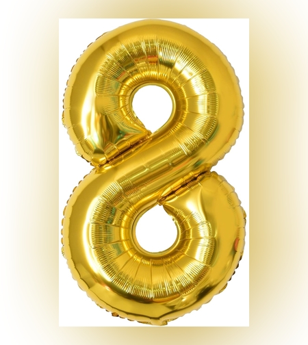 Balon din Folie Metalizata Flippy, Figurina Cifra, Tema Aniversare 40 cm, Ambalaj Individual, Pai inclus, Umflare cu Aer sau Heliu, Auriu, Cifra 8