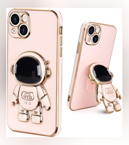 Husa de Protectie TPU 2in1, Flippy, pentru Apple iPhone 15 Plus, Astronaut cu Suport, Antisoc, Rezistenta la Impact, Protectie Camera, Roz