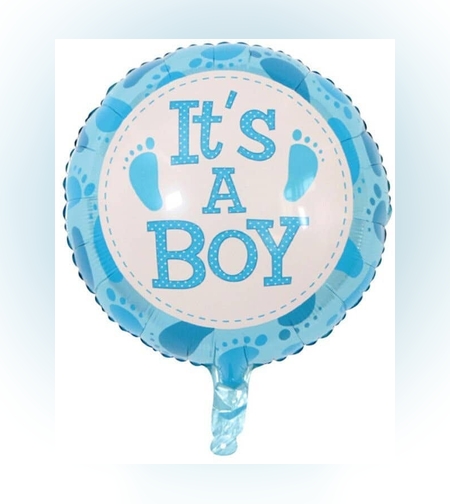 Balon din Folie Metalizata, Flippy, Figurina Rotunda, Model It's a Boy, Tema Gender Reveal, 45 cm, Ambalaj Individual, Pai Inclus, Umflare cu Aer sau Heliu, Albastru