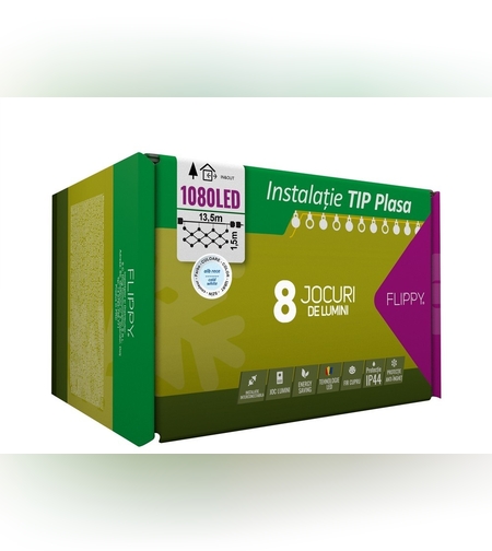 Instalatie Craciun, Tip Plasa, 13.5 m x 1.5 m, 1080 LED-uri, Alb rece, 8 jocuri de lumini, Transformator, Interconectabila, Prelungitor 3 m inclus, Fir transparent, Flippy