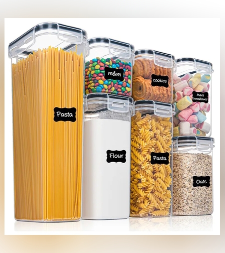 Cutii de depozitare alimente, Flippy, Set din 7 Cutii pentru Condimente, Cereale, Cutii pentru Bucatarie, din Plastic PP, Cutii Alimentare, Diferite Dimensiuni, Transparente