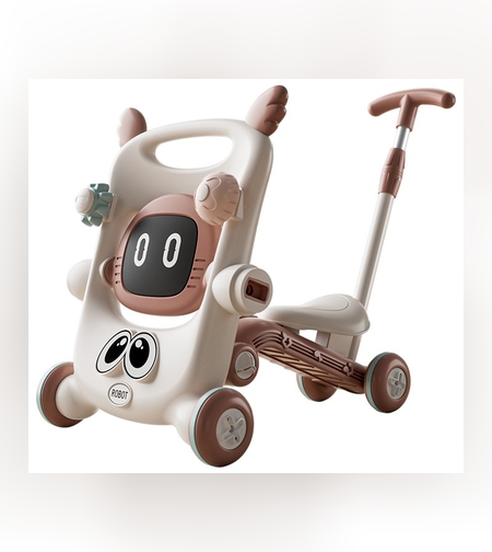 Antemergator pentru Copii 8 in 1, Flippy, Multifunctional, cu Maner de Impingere Detasabil, Scuter, Trotineta, Scaun Reglabil, Tavita Detasabila, Stabil, Antiderapant, 4 Roti, 56x44x64cm, 9-12 Luni, Maro