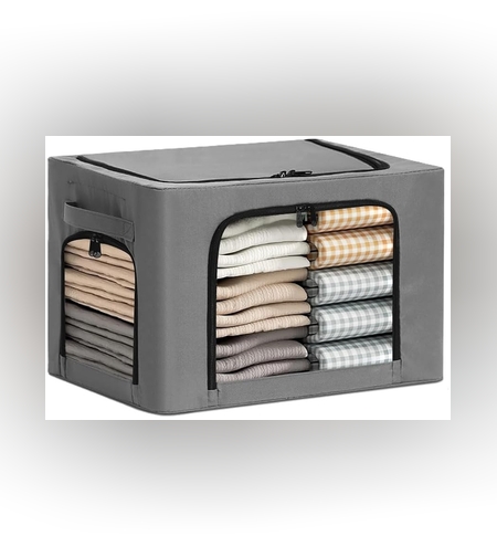 Cutie de Depozitare, Flippy, cu 3 Ferestre cu Fermoar Bidirectional, Cadru din Otel, Impermeabil, 38L, 42 x 30 x 30 cm, Gri Inchis