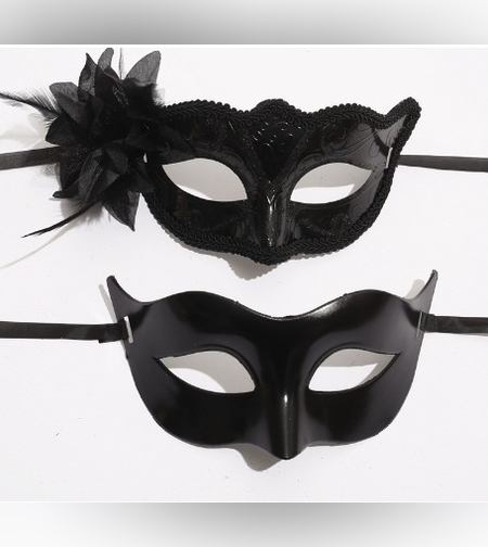 Set 2 Masti de Cuplu, Flippy, pentru Carnaval, Bal Mascat, Marime Universala, Model Floare Laterala si Margele, Model Clasic Fluture, Negru