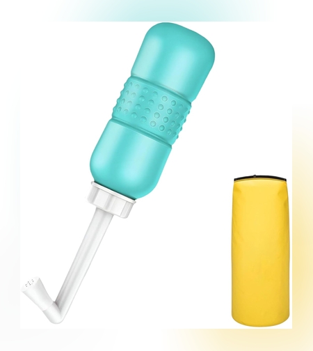 Bideu Portabil pentru Igiena Intima, Flippy, pentru Postpartum/ Postoperator, 450 mL, cu Capac si Husa Galbena, 29.5x7 cm, Culoare Recipient Verde