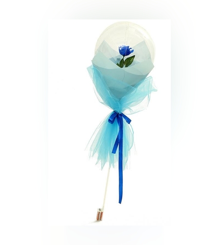 Buchet Decorativ, Flippy, Trandafir in Balon cu Lumini Led, Diametru 35 cm, 2 x Baterii AA (neincluse), Albastru/Alb