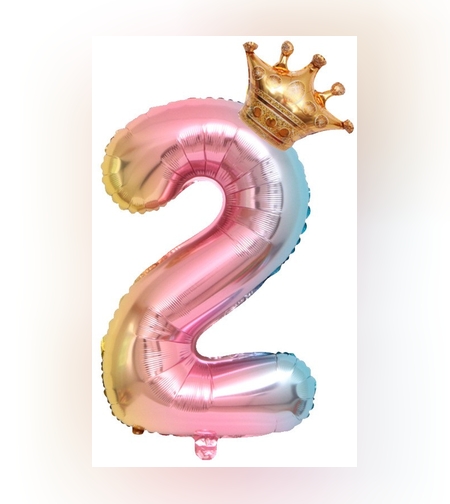 Balon din Folie Metalizata, Flippy, Figurina Cifra Gradient, Tema Aniversare 80 cm, Ambalaj Individual, Pai inclus, Umflare cu Aer sau Heliu, Coronita, Cifra 2