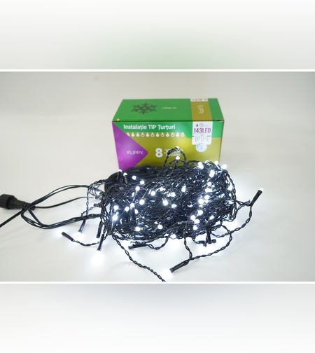 Instalatie de Craciun Flippy® Tip Franjuri, 8 jocuri de lumini, Sectiune 5 m, 143 LED-uri, Interconectabila, Fir Negru, Alb Rece