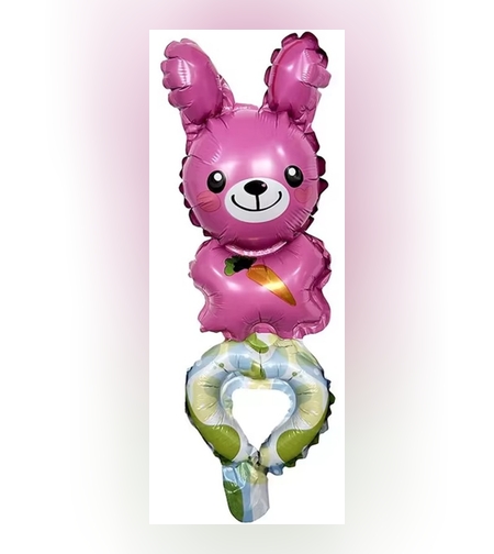 Balon din Folie Metalizata, Flippy, Figurine Animalute, Tip Bratara, Model Iepuras, Ambalaj Individual, Pai Inclus, Umflare cu Aer sau Heliu, Roz