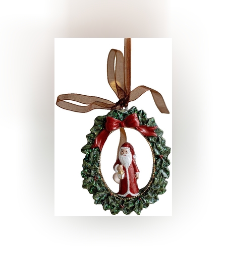 Decoratiune de Craciun, Flippy, pentru Brad, Model Ghirlanda cu Mos Craciun, 8 x 6.5 cm, din Rasina, Multicolor