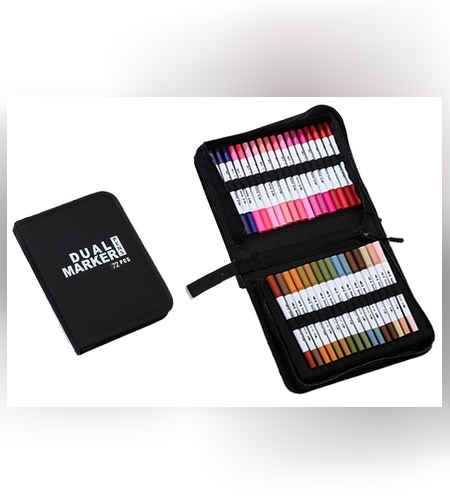 Set Carioci pe Baza de Apa, Flippy, 2 in 1, pentru Pictura, Caligrafie, 72 Culori, Penar Negru, Corp Carioca Alb, 24.5 x 18.5 x 5 cm, Multicolor