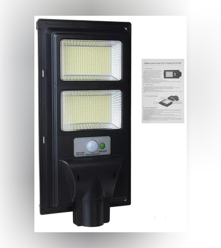 Lampa solara stradala Flippy, cu suport de prindere si telecomanda, senzor de miscare si lumina, 96 LED-uri, IP65, ABS, 5AH, 100W, temperatura culoare 6500K, 37.8x18.8x5 cm, autonomie 10-12 ore, negru