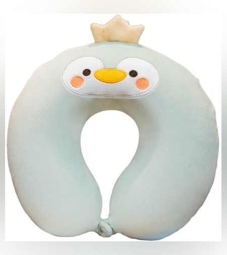 Perna de Calatorie in Forma de U, Flippy, Pentru Gat si Cap, Umplutura din Spuma cu Memorie, 30x30 cm, Model Pinguin, Accesoriu de Voiaj, Birou, Masina, Sistem Prindere Capse, Verde