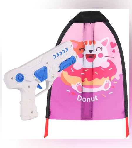 Set 2 Piese Jucarie Interactiva, Flippy, Pistol de Catapultare + Zmeu, din Plastic si Panza, +8 Ani, Impermeabil, Model Pisicuta cu Gogoasa, Multicolor